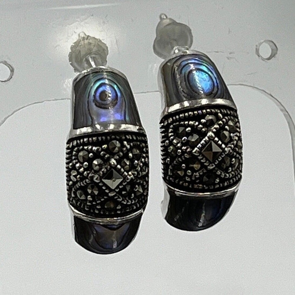 FAS Designer Abalone & Marcasite 925 J-Hoop Post Pierced Earrings 5.30g